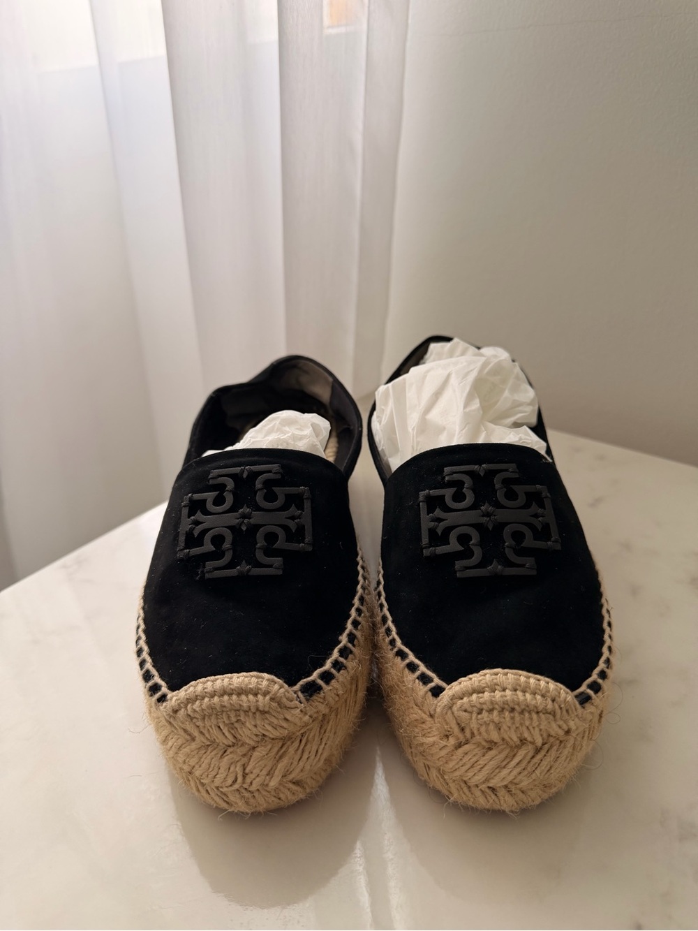 Tory Burch Black Suede Espadrille Platform Flats with Natural Jute